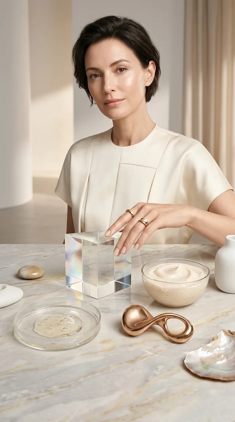 Journal intelligent rituals — craftsmanship table with optical glass and cream textures
