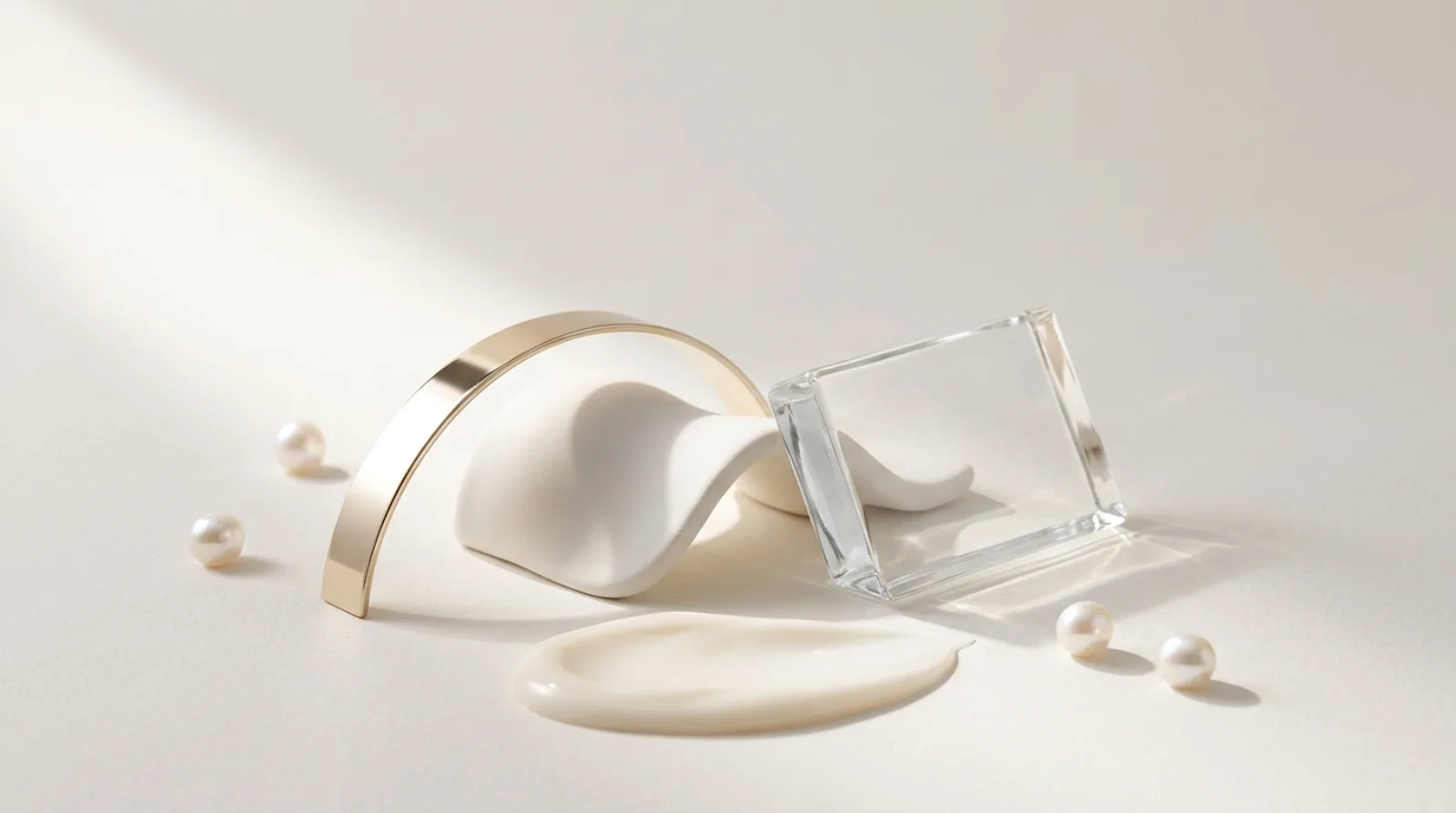 Journal — light as material: cream texture, pearls and champagne metal under soft illumination
