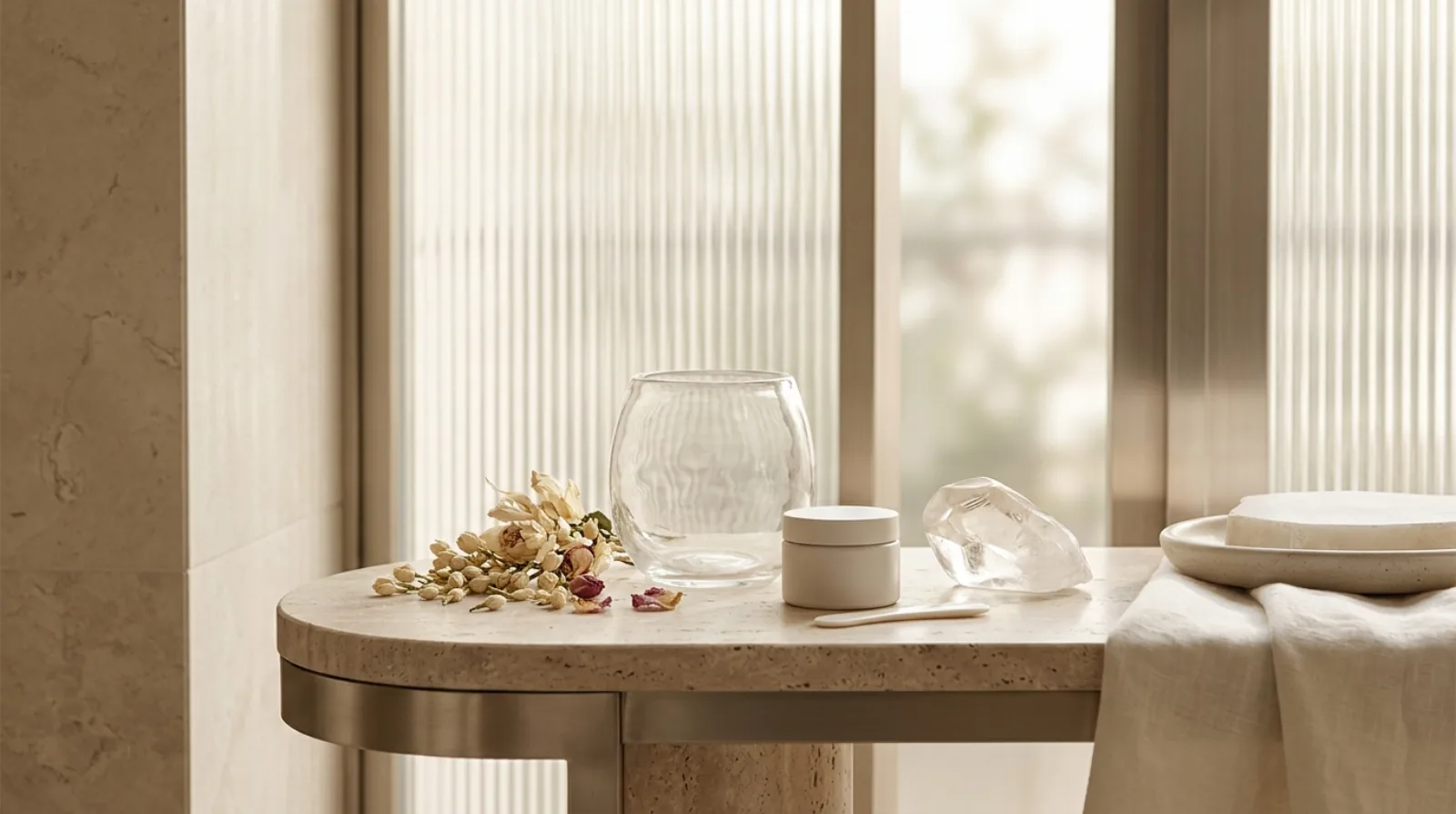 Journal — mood of Maison: travertine table, optical glass and quiet ritual objects