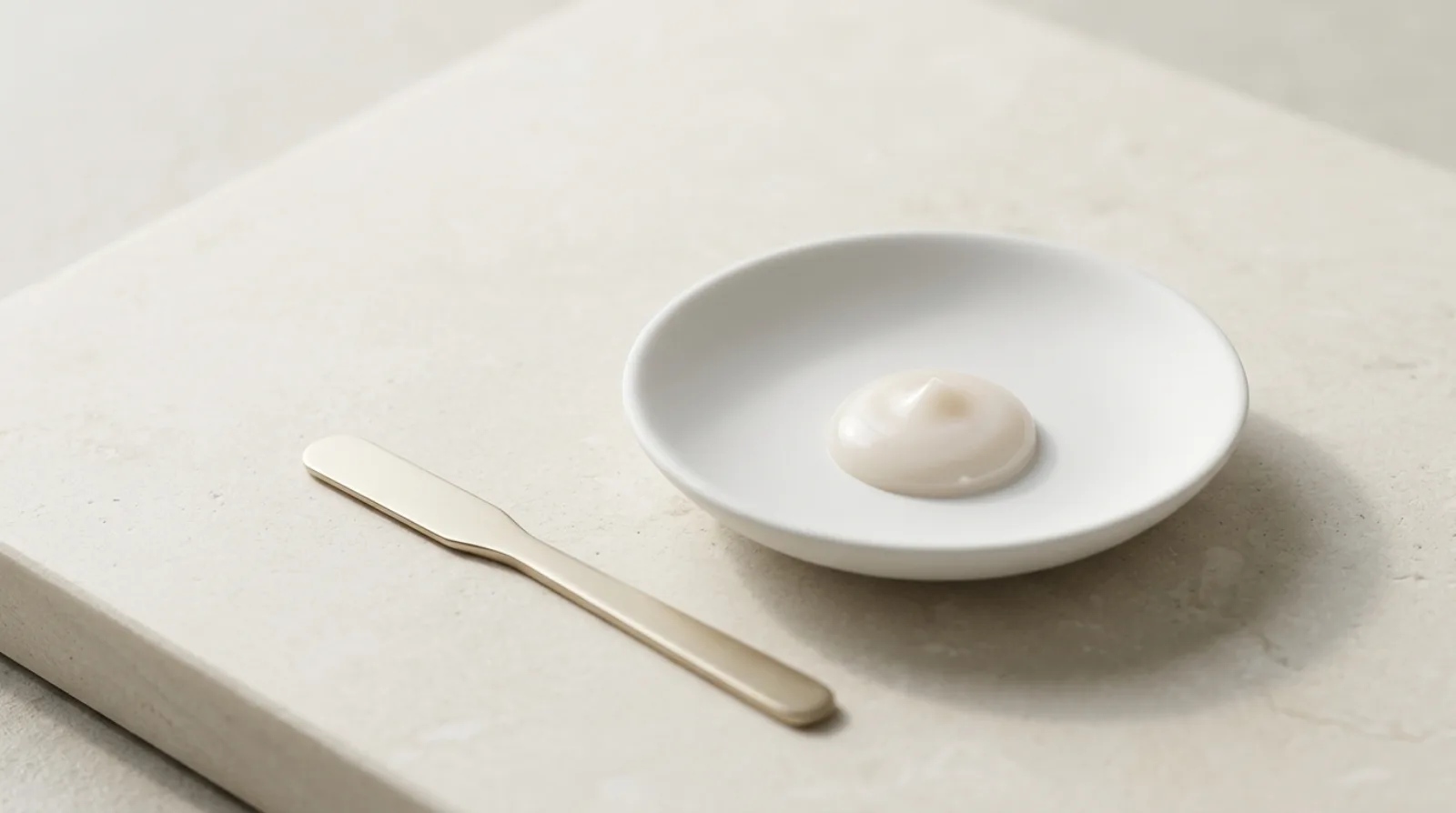 Journal — discipline of restraint: cream peak, gold spatula and stone negative space
