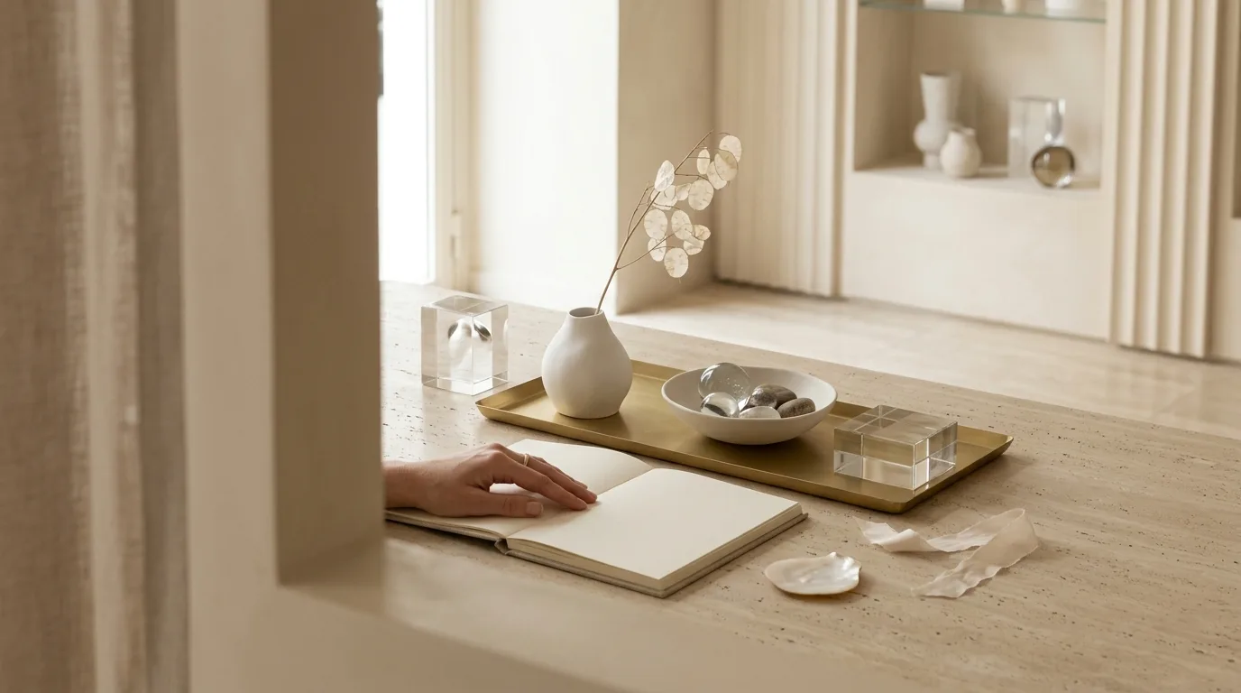 FIONÉE Maison — atelier desk with optical glass and champagne tray