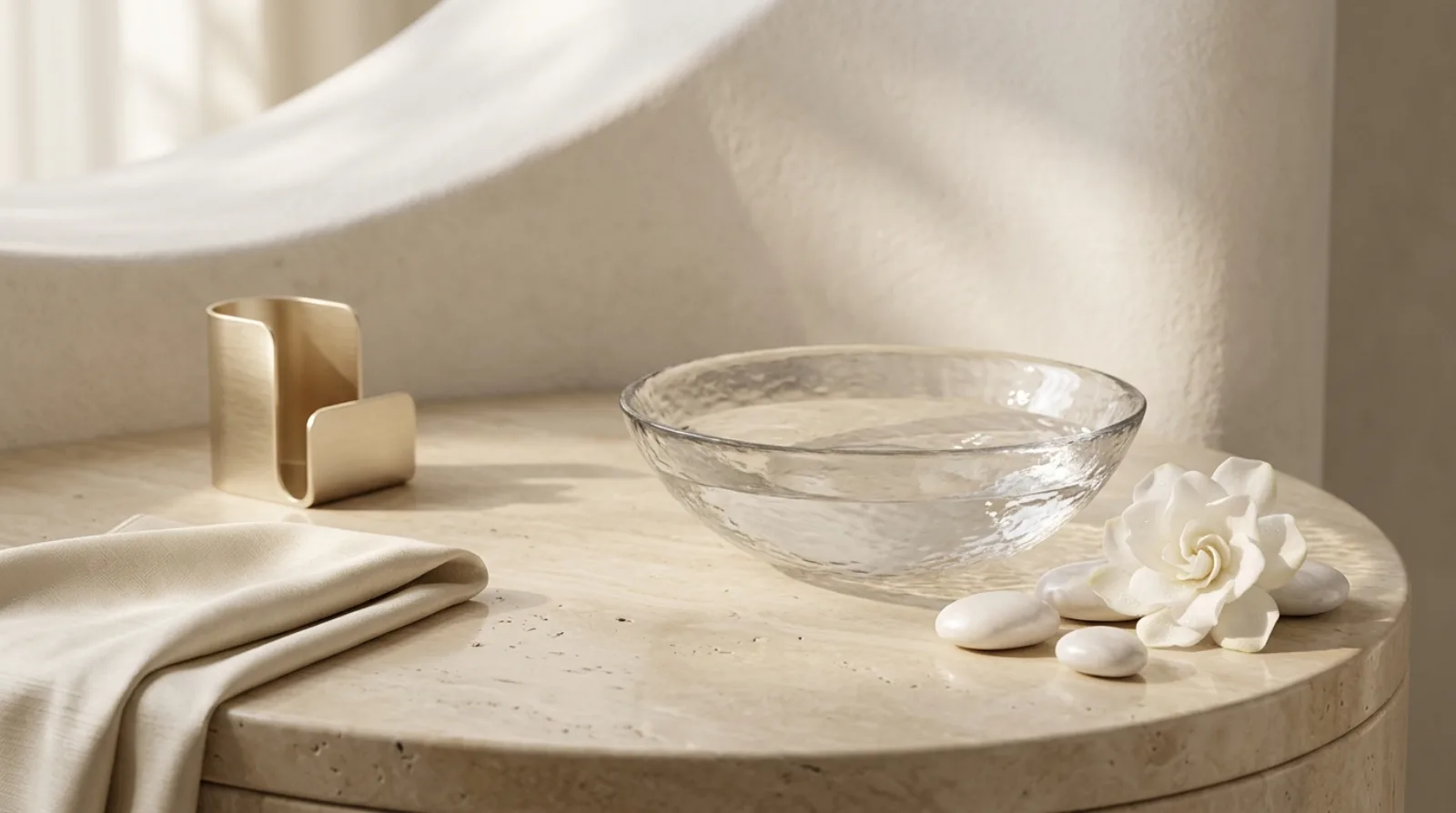 FIONÉE Maison — intimate residence still with gardenia, water and travertine