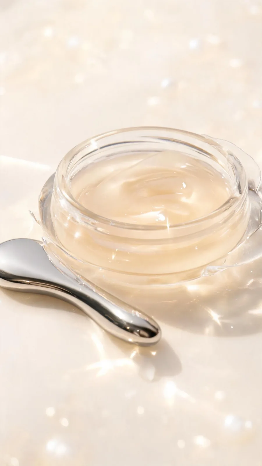 Pigment Clarity Serum atmosphere — luminous essence in glass with metal tool