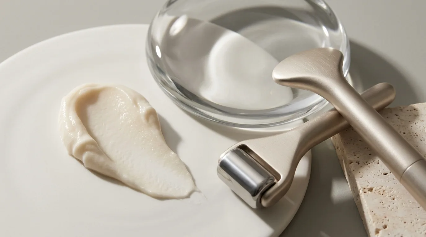 Firmness ritual detail — sculptural cream with champagne firming tools